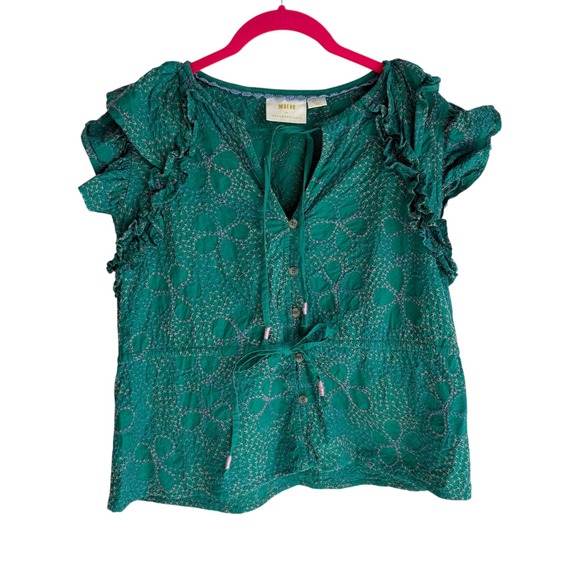 Maeve Tops - MAEVE‎ by ANTHROPOLOGIE Green Ruffled Button Down Bohemian Ladies Blouse, S